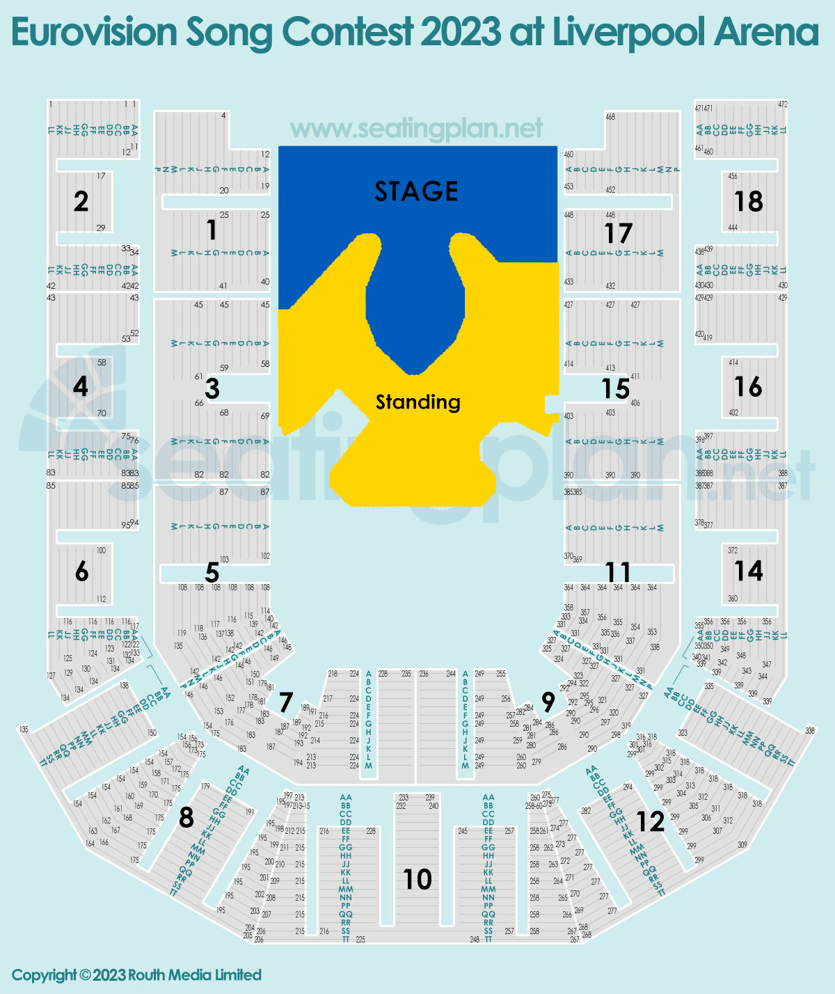 detailed Seating Plan at Liverpool Arena host of the Eurovision Song Contest 2023