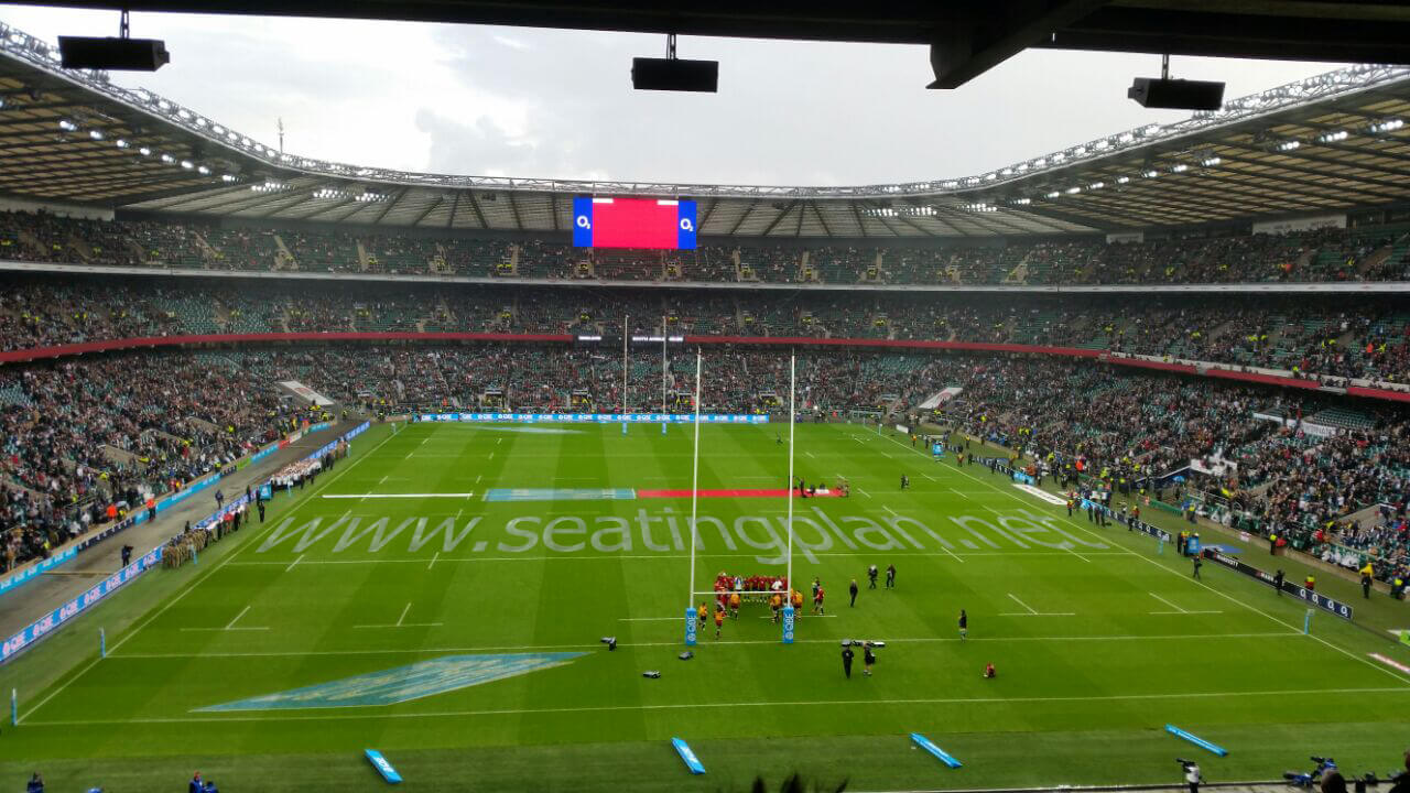 View of England v South Africa Rugby at Twickenham Stadium from Seat Block M21